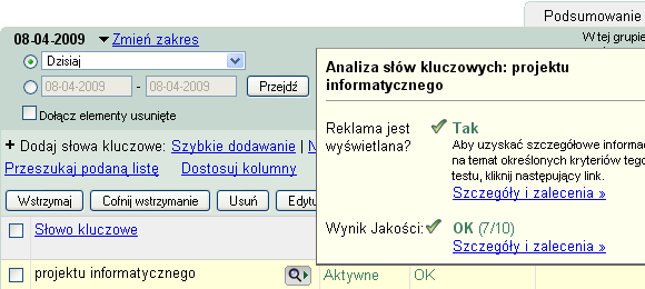 jakość słów kluczowych w Adwords jakość słów kluczowych w Adwords